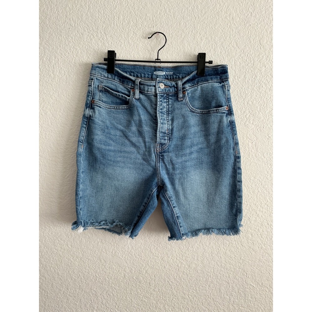 Old Navy Sky-Hi Denim Shorts 12 Excellent Extra High Rise Raw Hem Bermuda Blue